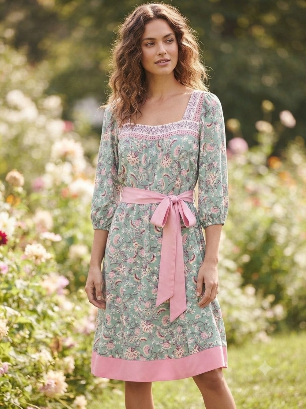 Luxology Pastel Green Paisley Dress with Pink Trim